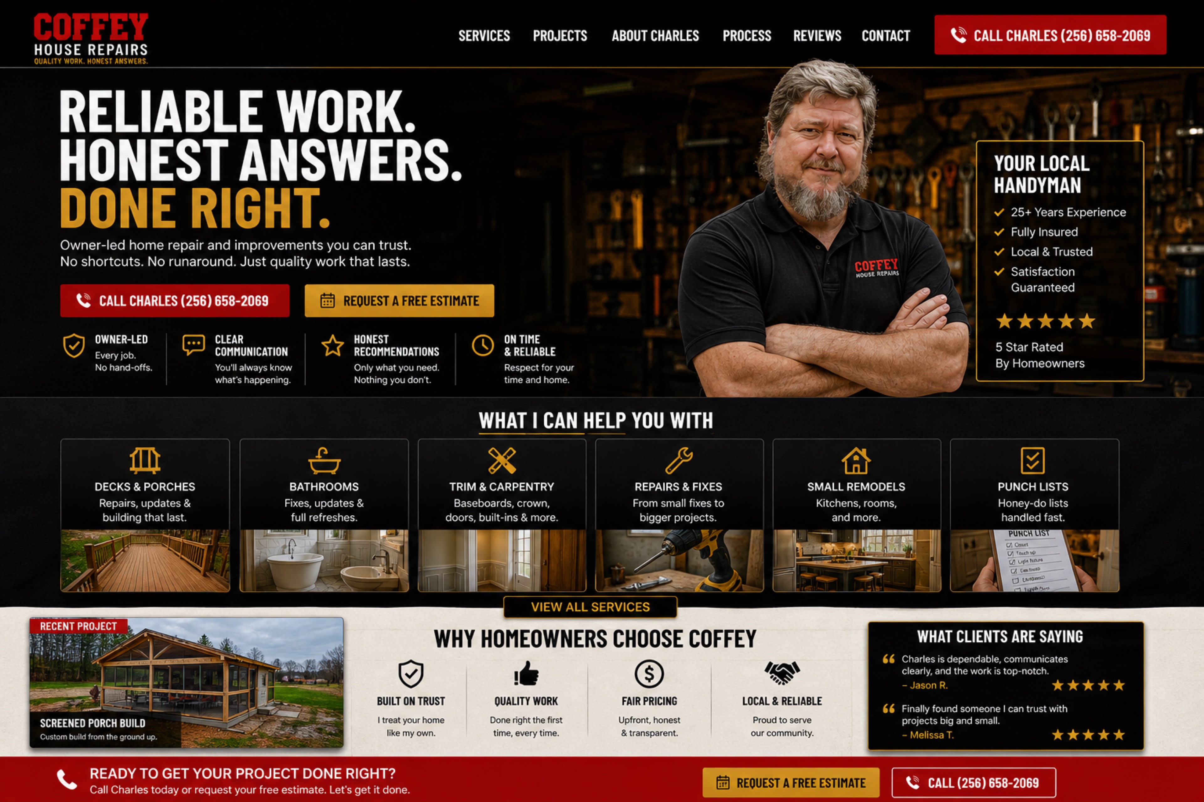 Coffey House Repairs homepage showing reliable work, honest answers, done right, service categories, reviews, and contact options.